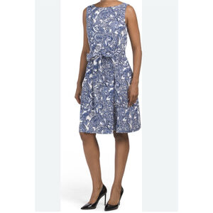 Anne Klein Linen Blend Dress Chelsea Blue White Paisley Sleeveless Size 12 Party